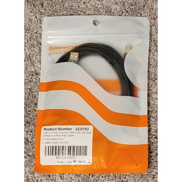 Cable Creation USB 2.0 High Speed Printer Scanner Cable Cord 10' CC0792 New - Picture 1 of 2